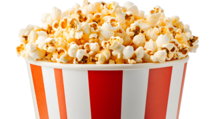 A red and white striped paper cup filled with popcorn
