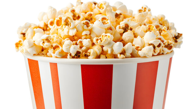 A red and white striped paper cup filled with popcorn