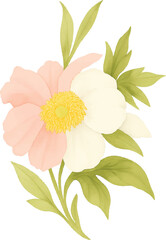 Modern Artistic Peony Flower Vector with Lush Green Leaves – Vibrant Watercolor Style