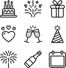 Vector art of celebration icons isolated on white background with party theme.