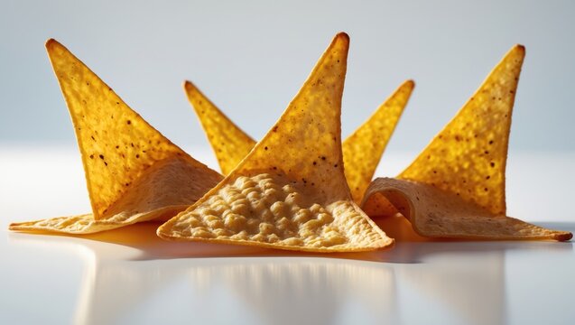 Group of tortilla chips with some triangular and square shapes on a white surface