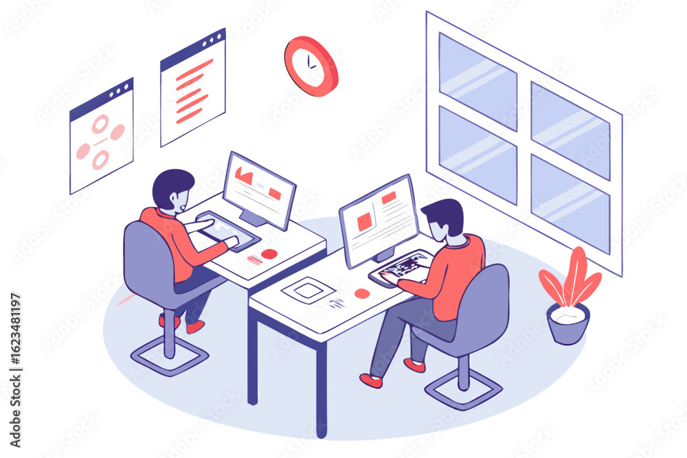 Wall mural isometric illustration of mobile app development team coding ui wireframes with interface icons and 