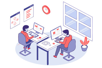 Isometric illustration of mobile app development team coding UI wireframes with interface icons and laptops, vector flat infographic