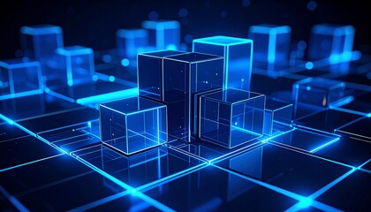Obraz premium Abstract Digital Cubescape: Neon Blue Grid