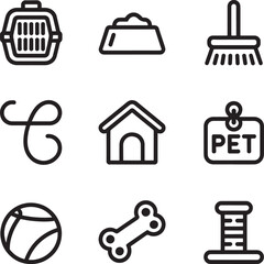Vector art of pet care icons isolated on white background in black outline.