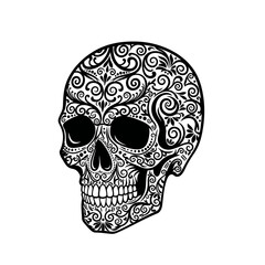 Obraz premium Ornate black and white skull with floral and swirl designs on a white background