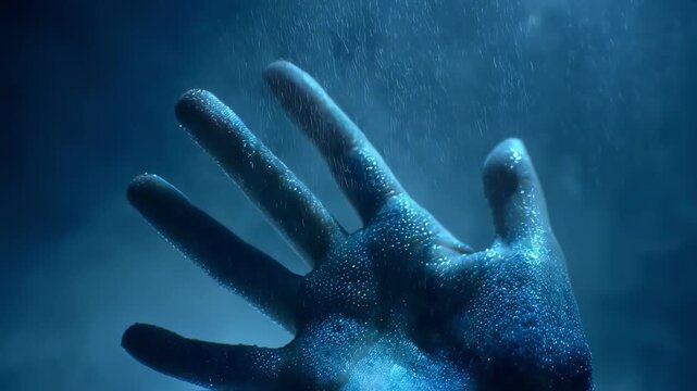 Slowmotion footage of hand submerging in frigid water skin rapidly shifting to icy blue tone.