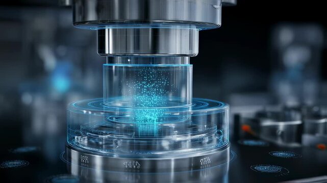 Complex industrial machine processing a glowing digital data stream, highlighting cutting edge technology in manufacturing and automation while emphasizing efficiency and precision in production