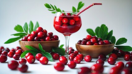 Fresh cherries in bowls and a cherry drink with leaves, on a white background. Fruit and beverage, health, refreshment. The concept of fresh fruit and natural drinks.