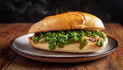 delicious choripan sandwich with chimichurri sauce argentinan food