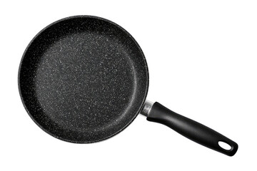 A dark gray, speckled frying pan, top-down view, shows a smooth, speckled surface.  A black handle extends from the pan's rim
