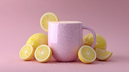 Lemon tea in pink mug, refreshing citrus drink, healthy beverage, fruit still life