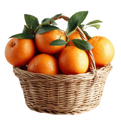 Fresh oranges in a woven basket isolated on transparent or white background