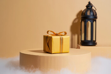 A golden gift box with a ribbon sits on a pedestal next to a traditional black lantern