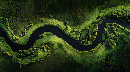 Winding dark river through lush green landscape from above aerial nature