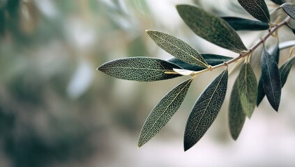 Close-up of olive leaves on branch. Soft focus