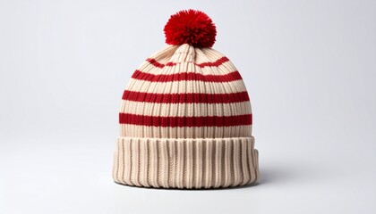 Warm Winter Knit Beanie Hat with Red Stripes and Pom Pom.
