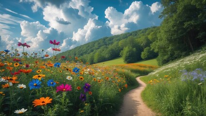 Vibrant flowers along a winding path in a lush green landscape under partly cloudy skies. Nature and scenic landscape, concept. Tranquility and outdoor beauty. The concept of natural serenity and o...