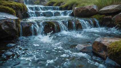 Fototapeta premium Flowing stream with waterfalls and rocks in a natural setting. Nature and water, landscape. The scene of a flowing creek with waterfalls and stones.
