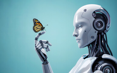 Robot hand gently holding a butterfly embodies technology meeting nature, symbolizing artificial intelligence and environmental sensitivity together now