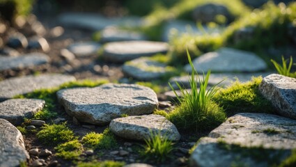 Close-up of stones and green moss on a pathway in natural sunlight.