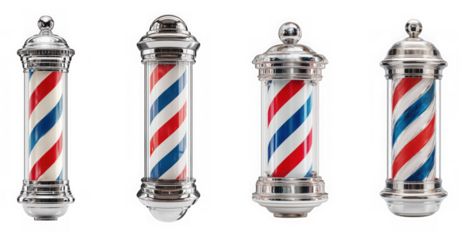 A group of classic barber poles with red white and blue stripes representing a traditional barbershop service isolated on transparent background