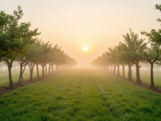Serene morning landscape with misty orchard and sunrise glow