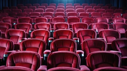Naklejka premium Empty theater seats with red upholstery arranged in rows.