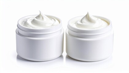 Two Jars of Luxurious White Cream Moisturizer on White Background.