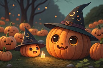 Cute halloween pumpkins wearing witch hats in a spooky forest
