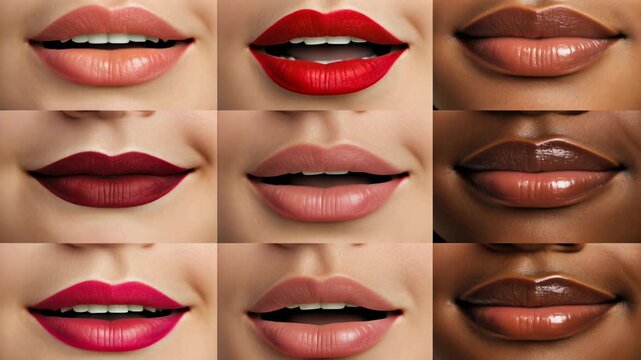 Diverse lipstick palette demonstration with nine different shades applied on various women lips in beauty concept