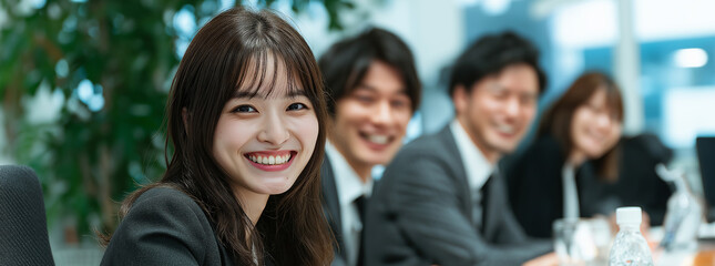 Japanese business professionals are actively working together in a meeting in a modern office, demonstrating teamwork, success and a positive work environment.