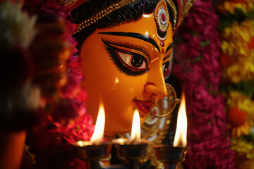 Closeup of the face of goddess durga, illuminated by the warm glow of oil lamps during a religious ceremony