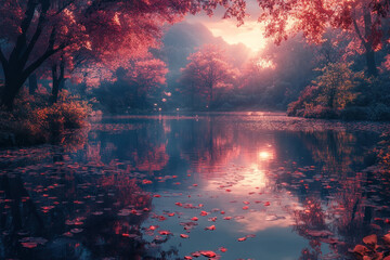 A fabulous landscape with a lake surrounded by trees painted in pink and red tones.  