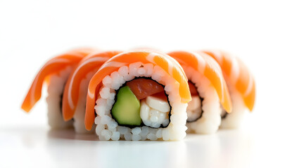  High-Resolution PNG of Cinematic Sushi Roll Cross-Section with Salmon, Crab, and Avocado on Pure White Background