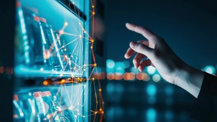 A person interacting with a digital vending machine interface showcasing advanced technology in a modern urban setting with city lights twinkling in the background - Powered by Adobe