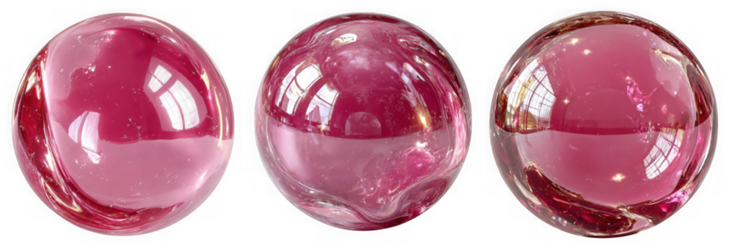 Three red glass marbles are arranged closely together on a white surface in a studio shot isolated on transparent background