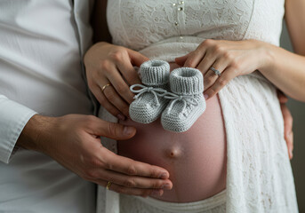 Expecting parents hold tiny baby booties on pregnant belly