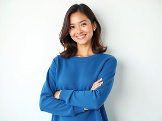 Asian woman smiles in blue sweater. Clean, soft shadows on bright white background for portraits, branding, social media, websites, and marketing use.