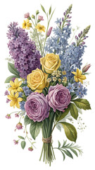 Beautiful bouquet of yellow roses and purple lilacs isolated on transparent background