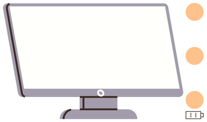 Wide computer monitor on a sleek stand with minimal power indicator symbols and circular design details. Ideal for technology, productivity, workplace, digital creativity, innovation, IT concepts