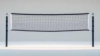 A volleyball net set up between two poles against a plain background.