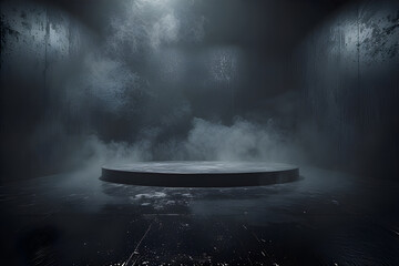 Podium black dark smoke background product platform abstract stage texture fog spotlight. Dark black floor podium dramatic empty night room table concrete wall scene place display studio smoky dust