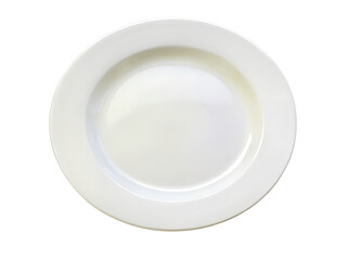 A clean white round ceramic plate with a rim, isolated on a transparent background