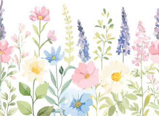 Botanical seamless pattern with watercolor herbs and wildflowers on white. Ideal for textile, wrapping paper, or surface design.