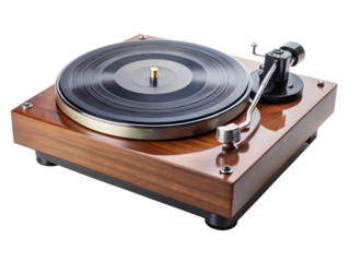 Vintage wooden turntable playing a vinyl record, isolated on transparent background
