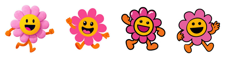 Four happy flower cartoon characters with pink petals and yellow faces are smiling and waving on a transparent background