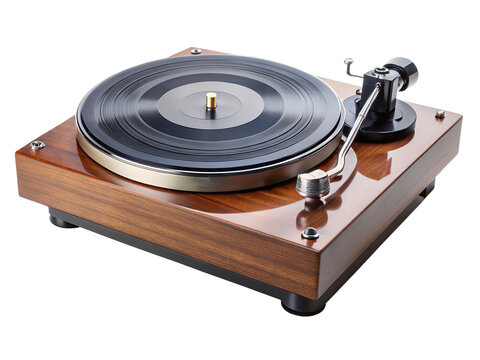 Vintage wooden turntable playing a vinyl record, isolated on transparent background