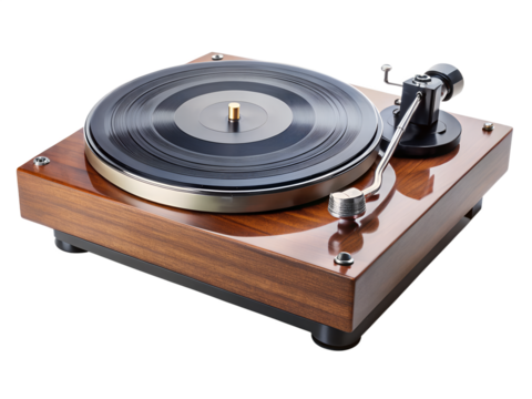 Vintage wooden turntable playing a vinyl record, isolated on transparent background