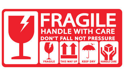 sticker fragile handle with care, red fragile warning label with broken glass symbol, this side up sign